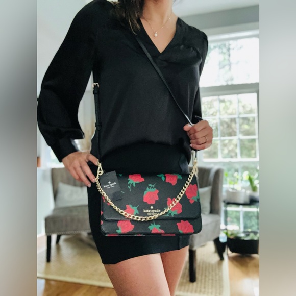 NWT Kate Spade Crossbody Rose Printed Flap Crossbody Purse Black Multi - Picture 8 of 9